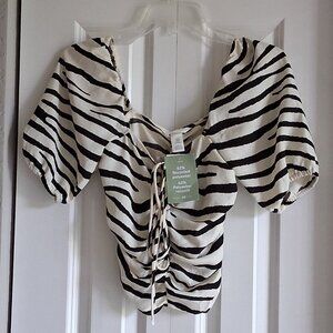 H&M Zebra Cream Stripe Puff Sleeve Crop Top Women's Size XS